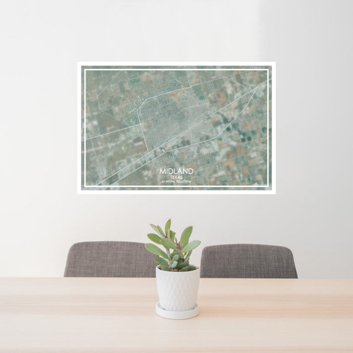 24x36 Midland Texas Map Print Lanscape Orientation in Afternoon Style Behind 2 Chairs Table and Potted Plant