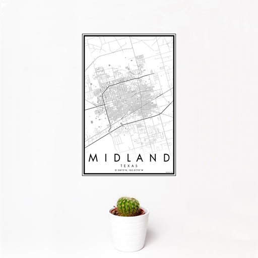 12x18 Midland Texas Map Print Portrait Orientation in Classic Style With Small Cactus Plant in White Planter