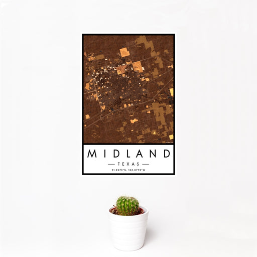 12x18 Midland Texas Map Print Portrait Orientation in Ember Style With Small Cactus Plant in White Planter