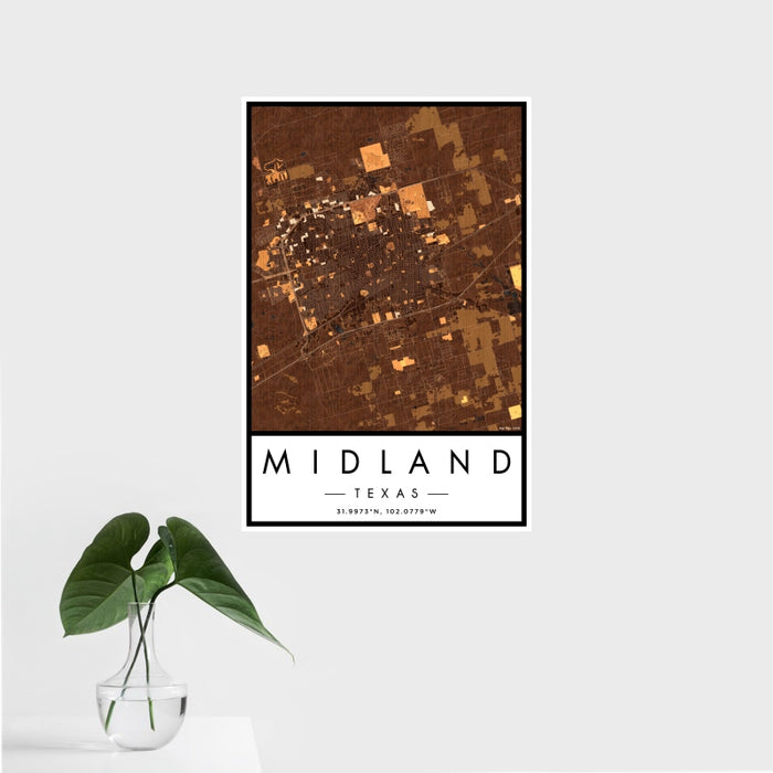 16x24 Midland Texas Map Print Portrait Orientation in Ember Style With Tropical Plant Leaves in Water
