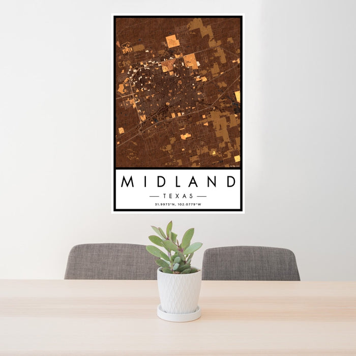 24x36 Midland Texas Map Print Portrait Orientation in Ember Style Behind 2 Chairs Table and Potted Plant