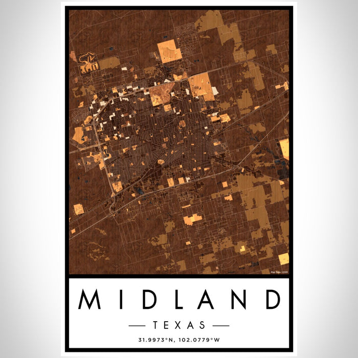 Midland Texas Map Print Portrait Orientation in Ember Style With Shaded Background
