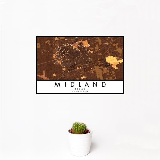 12x18 Midland Texas Map Print Landscape Orientation in Ember Style With Small Cactus Plant in White Planter