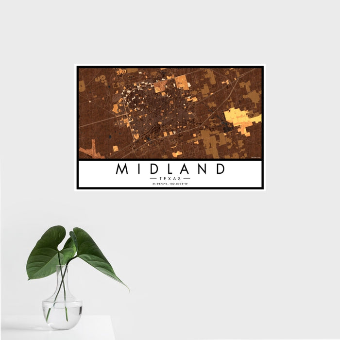 16x24 Midland Texas Map Print Landscape Orientation in Ember Style With Tropical Plant Leaves in Water