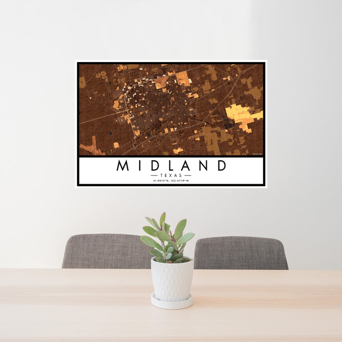 24x36 Midland Texas Map Print Landscape Orientation in Ember Style Behind 2 Chairs Table and Potted Plant