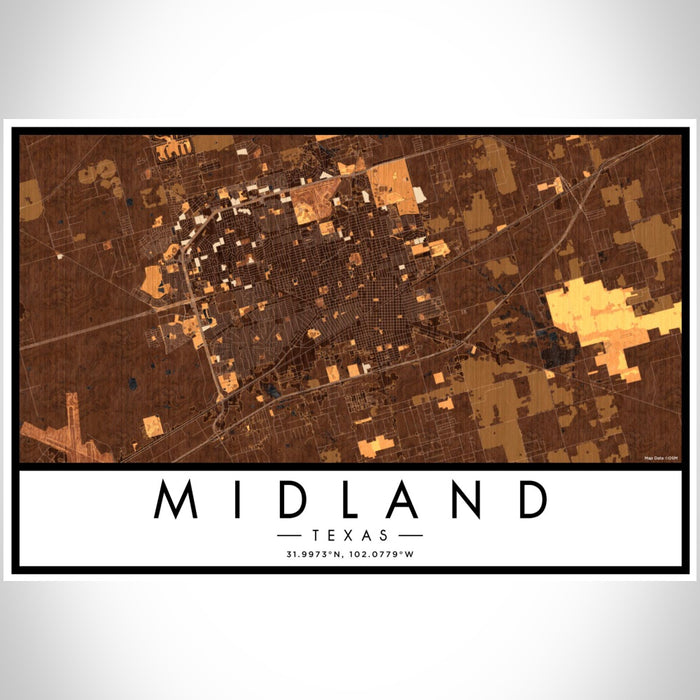 Midland Texas Map Print Landscape Orientation in Ember Style With Shaded Background