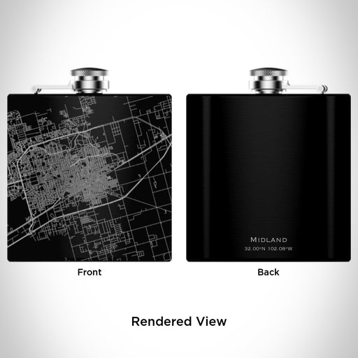 Rendered View of Midland Texas Map Engraving on 6oz Stainless Steel Flask in Black