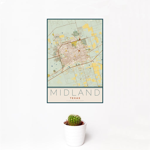 12x18 Midland Texas Map Print Portrait Orientation in Woodblock Style With Small Cactus Plant in White Planter