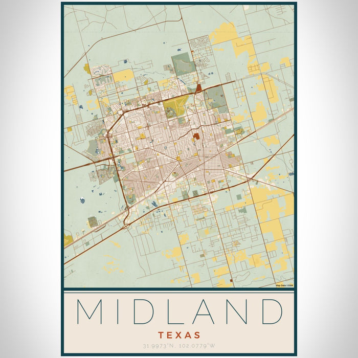 Midland Texas Map Print Portrait Orientation in Woodblock Style With Shaded Background