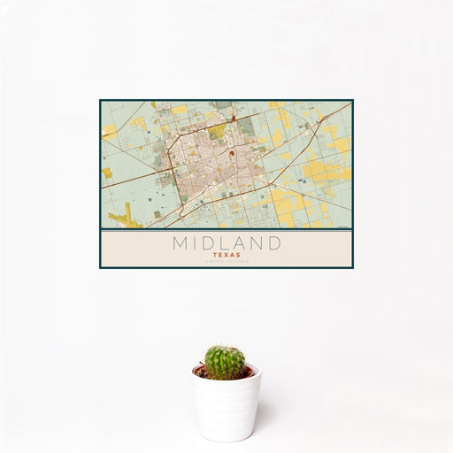 12x18 Midland Texas Map Print Landscape Orientation in Woodblock Style With Small Cactus Plant in White Planter
