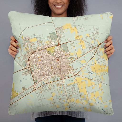 Person holding 22x22 Custom Midland Texas Map Throw Pillow in Woodblock