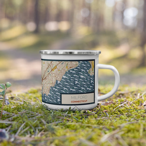 Right View Custom Milford Connecticut Map Enamel Mug in Woodblock on Grass With Trees in Background