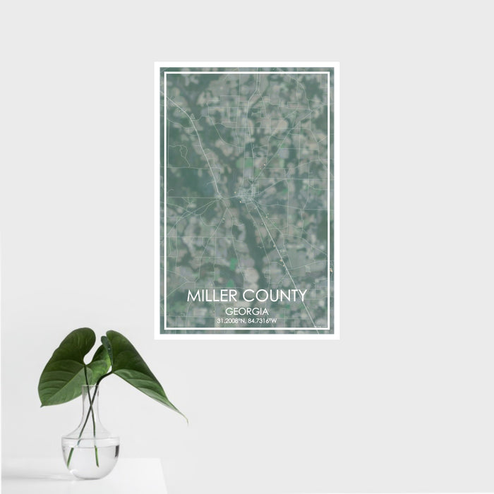 16x24 Miller County Georgia Map Print Portrait Orientation in Afternoon Style With Tropical Plant Leaves in Water