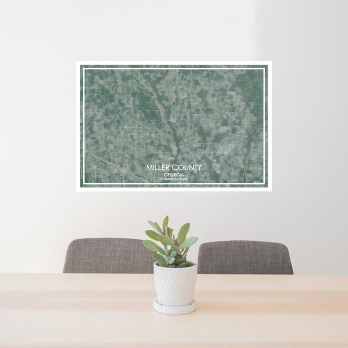 24x36 Miller County Georgia Map Print Lanscape Orientation in Afternoon Style Behind 2 Chairs Table and Potted Plant