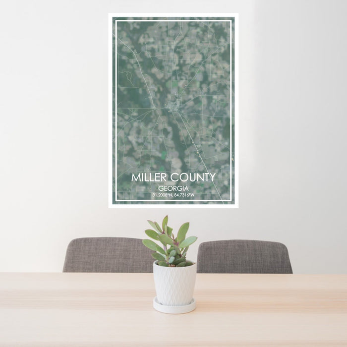24x36 Miller County Georgia Map Print Portrait Orientation in Afternoon Style Behind 2 Chairs Table and Potted Plant