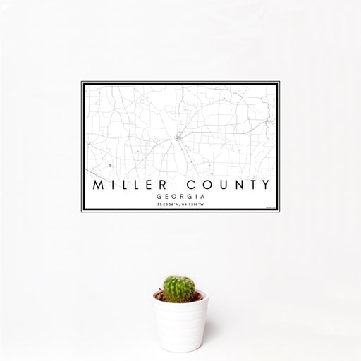 12x18 Miller County Georgia Map Print Landscape Orientation in Classic Style With Small Cactus Plant in White Planter