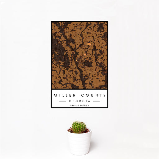 12x18 Miller County Georgia Map Print Portrait Orientation in Ember Style With Small Cactus Plant in White Planter