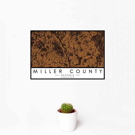 12x18 Miller County Georgia Map Print Landscape Orientation in Ember Style With Small Cactus Plant in White Planter