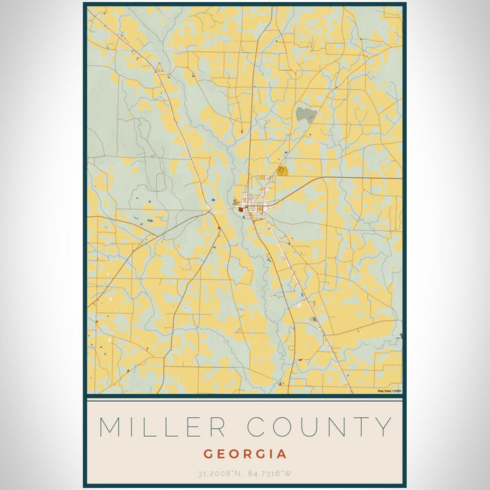 Miller County Georgia Map Print Portrait Orientation in Woodblock Style With Shaded Background