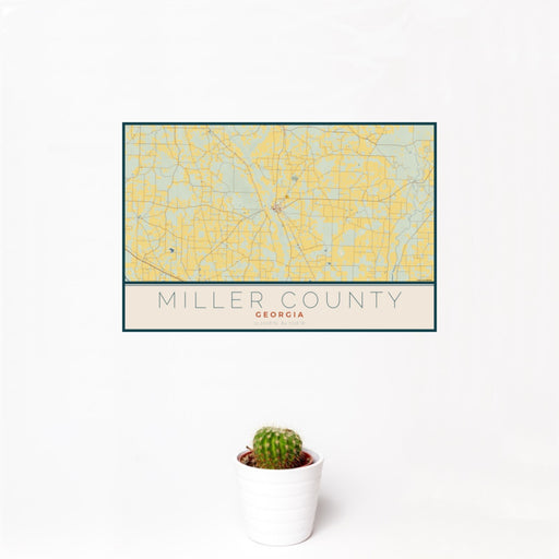 12x18 Miller County Georgia Map Print Landscape Orientation in Woodblock Style With Small Cactus Plant in White Planter