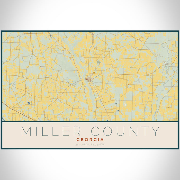 Miller County Georgia Map Print Landscape Orientation in Woodblock Style With Shaded Background