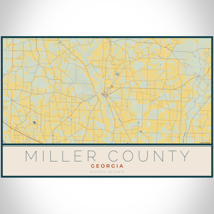 Miller County Georgia Map Print Landscape Orientation in Woodblock Style With Shaded Background