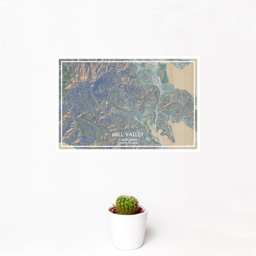 12x18 Mill Valley California Map Print Landscape Orientation in Afternoon Style With Small Cactus Plant in White Planter