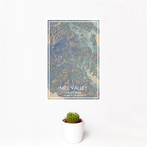 12x18 Mill Valley California Map Print Portrait Orientation in Afternoon Style With Small Cactus Plant in White Planter