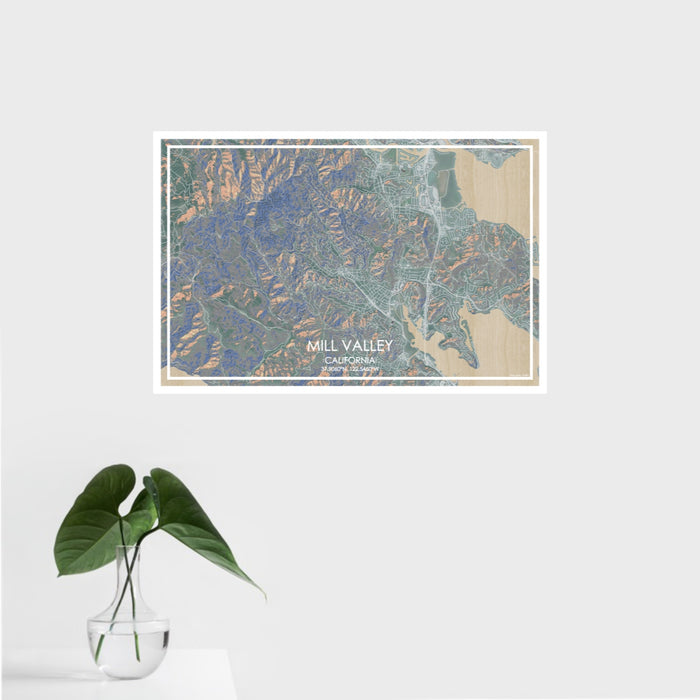 16x24 Mill Valley California Map Print Landscape Orientation in Afternoon Style With Tropical Plant Leaves in Water