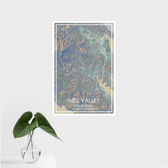 16x24 Mill Valley California Map Print Portrait Orientation in Afternoon Style With Tropical Plant Leaves in Water