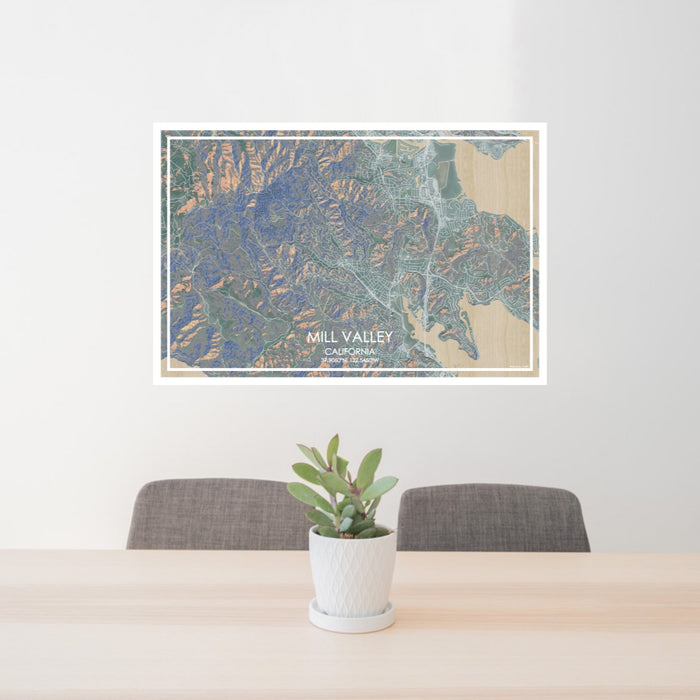 24x36 Mill Valley California Map Print Lanscape Orientation in Afternoon Style Behind 2 Chairs Table and Potted Plant