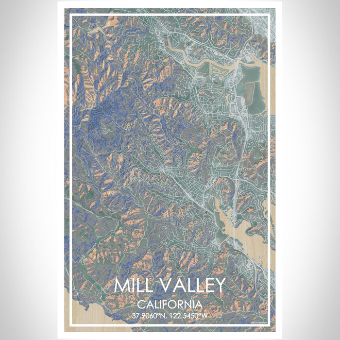 Mill Valley California Map Print Portrait Orientation in Afternoon Style With Shaded Background