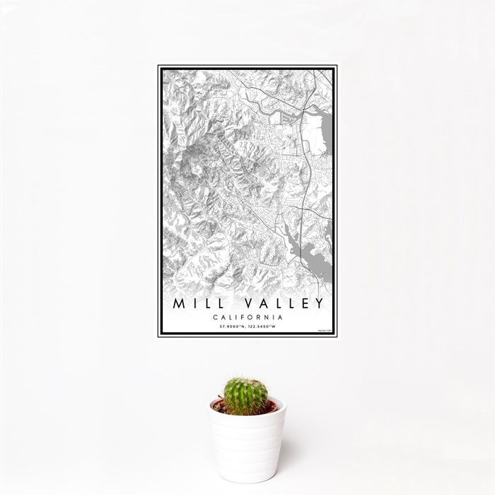 12x18 Mill Valley California Map Print Portrait Orientation in Classic Style With Small Cactus Plant in White Planter