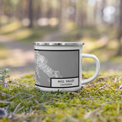 Right View Custom Mill Valley California Map Enamel Mug in Classic on Grass With Trees in Background