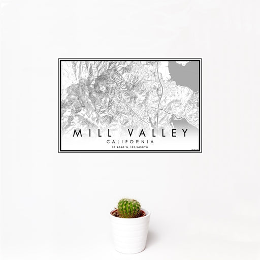 12x18 Mill Valley California Map Print Landscape Orientation in Classic Style With Small Cactus Plant in White Planter