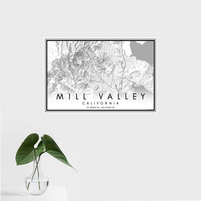 16x24 Mill Valley California Map Print Landscape Orientation in Classic Style With Tropical Plant Leaves in Water