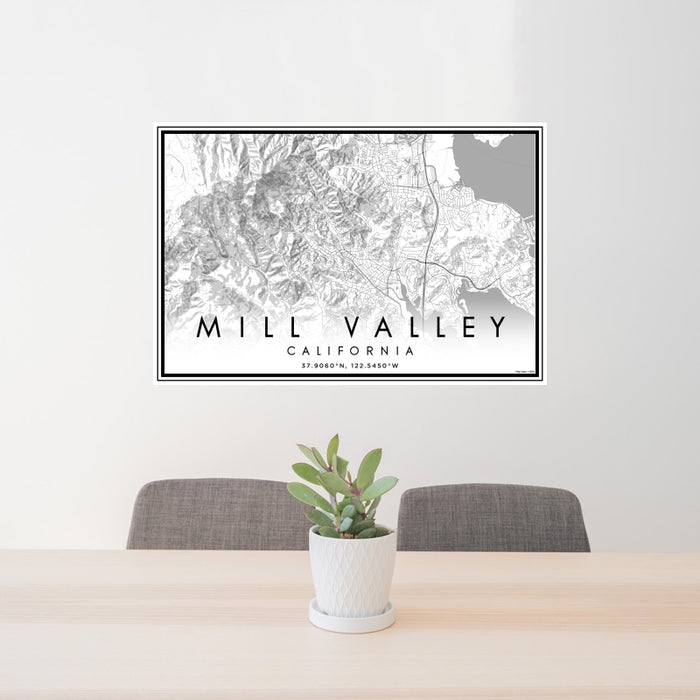24x36 Mill Valley California Map Print Landscape Orientation in Classic Style Behind 2 Chairs Table and Potted Plant