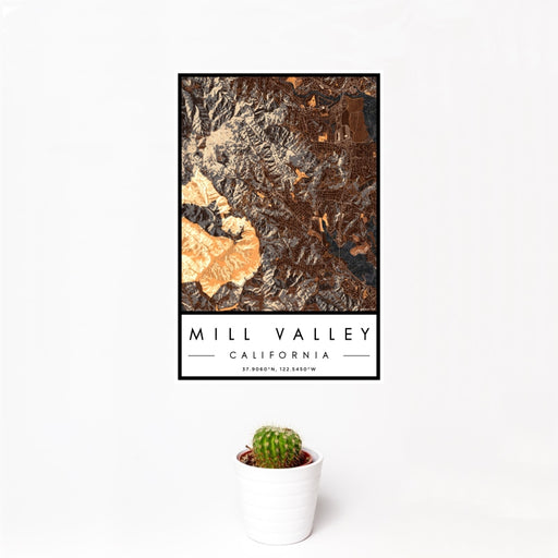 12x18 Mill Valley California Map Print Portrait Orientation in Ember Style With Small Cactus Plant in White Planter