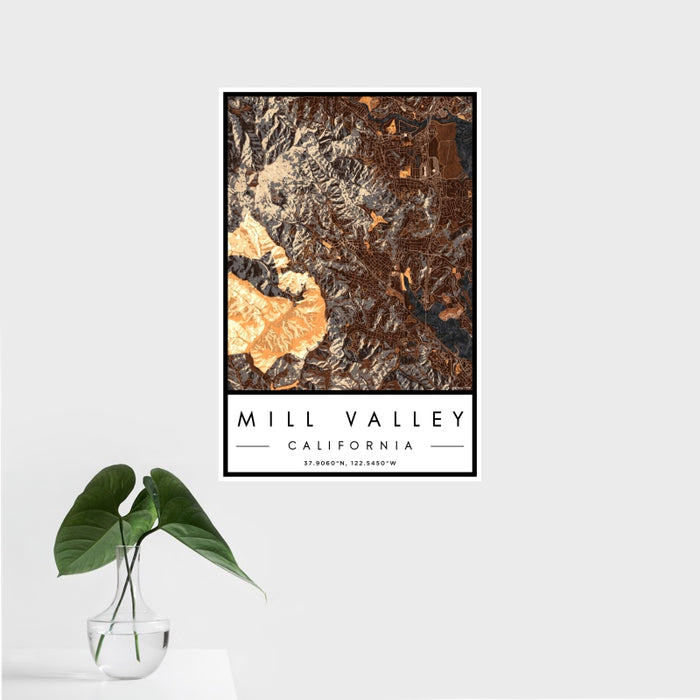 16x24 Mill Valley California Map Print Portrait Orientation in Ember Style With Tropical Plant Leaves in Water