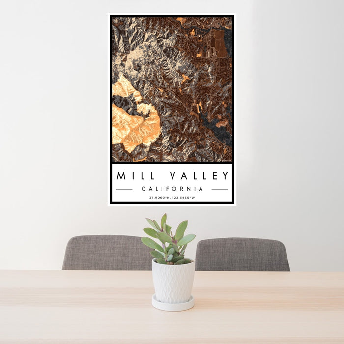 24x36 Mill Valley California Map Print Portrait Orientation in Ember Style Behind 2 Chairs Table and Potted Plant