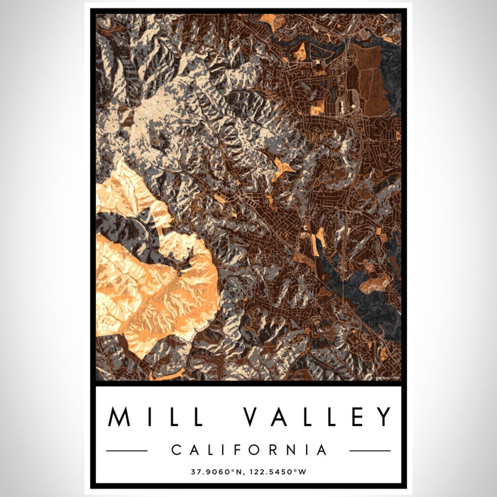 Mill Valley California Map Print Portrait Orientation in Ember Style With Shaded Background