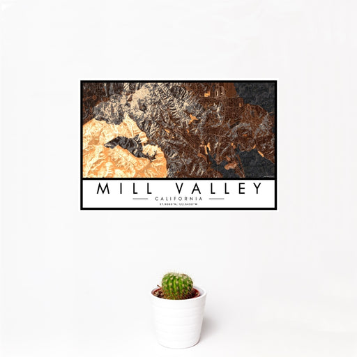 12x18 Mill Valley California Map Print Landscape Orientation in Ember Style With Small Cactus Plant in White Planter