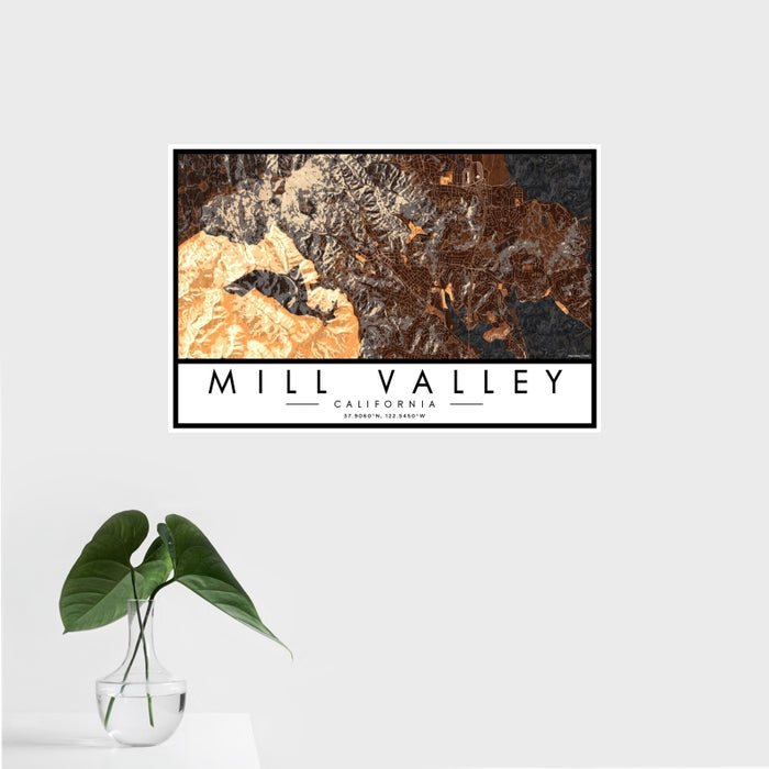 16x24 Mill Valley California Map Print Landscape Orientation in Ember Style With Tropical Plant Leaves in Water