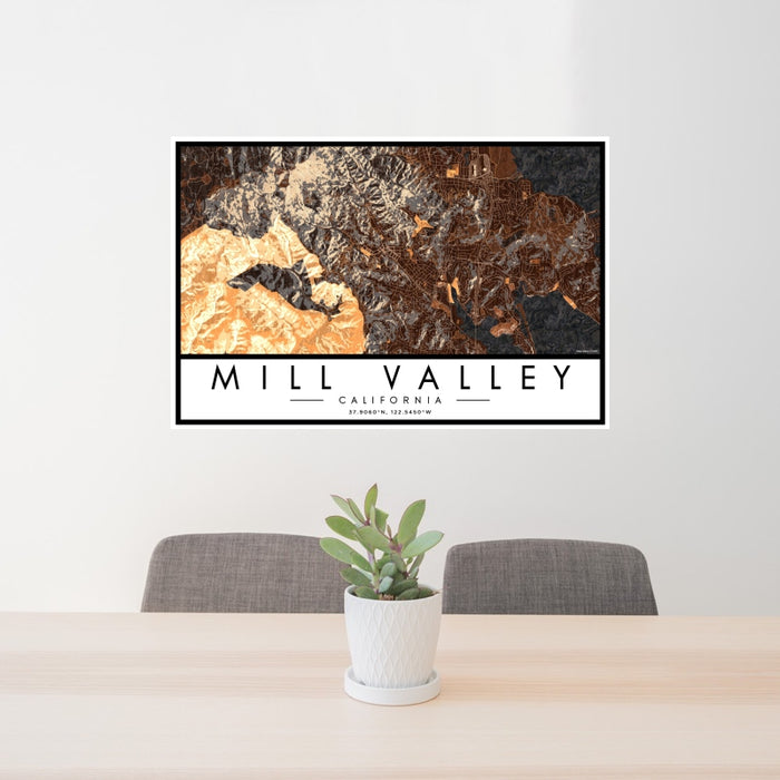 24x36 Mill Valley California Map Print Landscape Orientation in Ember Style Behind 2 Chairs Table and Potted Plant