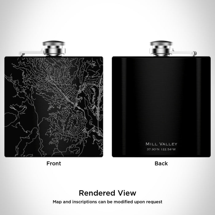 Rendered View of Mill Valley California Map Engraving on 6oz Stainless Steel Flask in Black