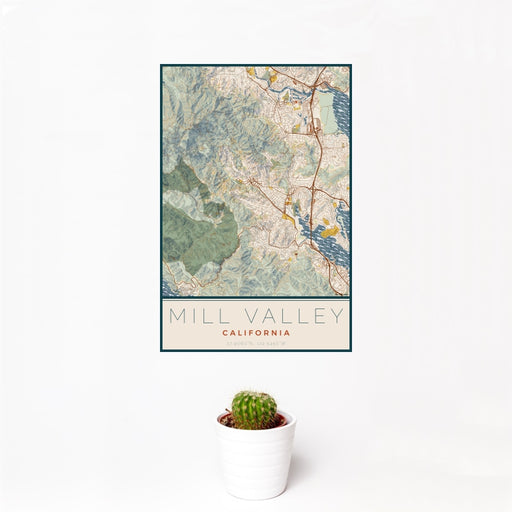 12x18 Mill Valley California Map Print Portrait Orientation in Woodblock Style With Small Cactus Plant in White Planter