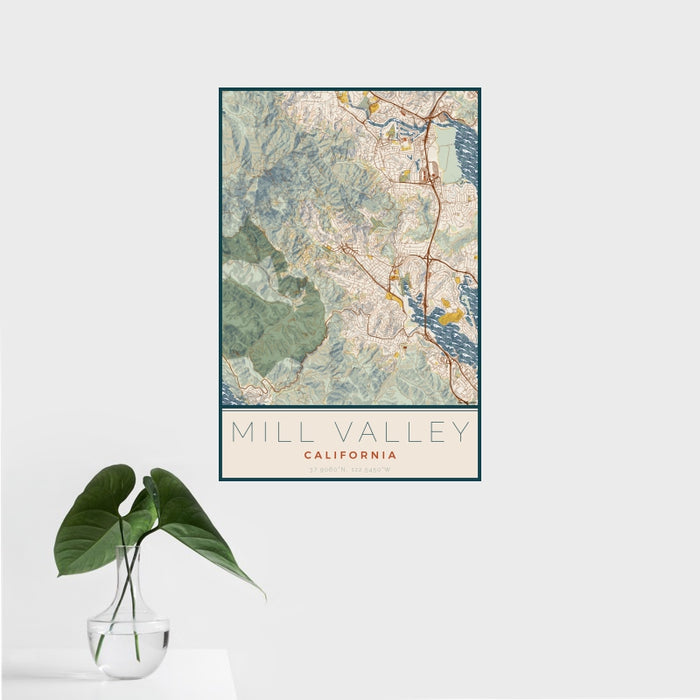 16x24 Mill Valley California Map Print Portrait Orientation in Woodblock Style With Tropical Plant Leaves in Water