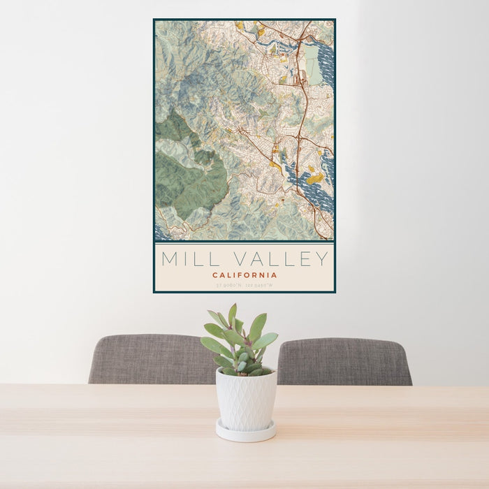 24x36 Mill Valley California Map Print Portrait Orientation in Woodblock Style Behind 2 Chairs Table and Potted Plant