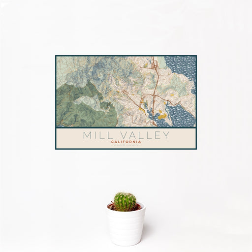 12x18 Mill Valley California Map Print Landscape Orientation in Woodblock Style With Small Cactus Plant in White Planter