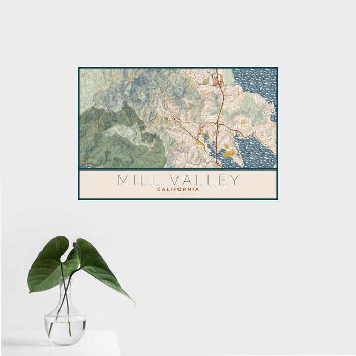 16x24 Mill Valley California Map Print Landscape Orientation in Woodblock Style With Tropical Plant Leaves in Water